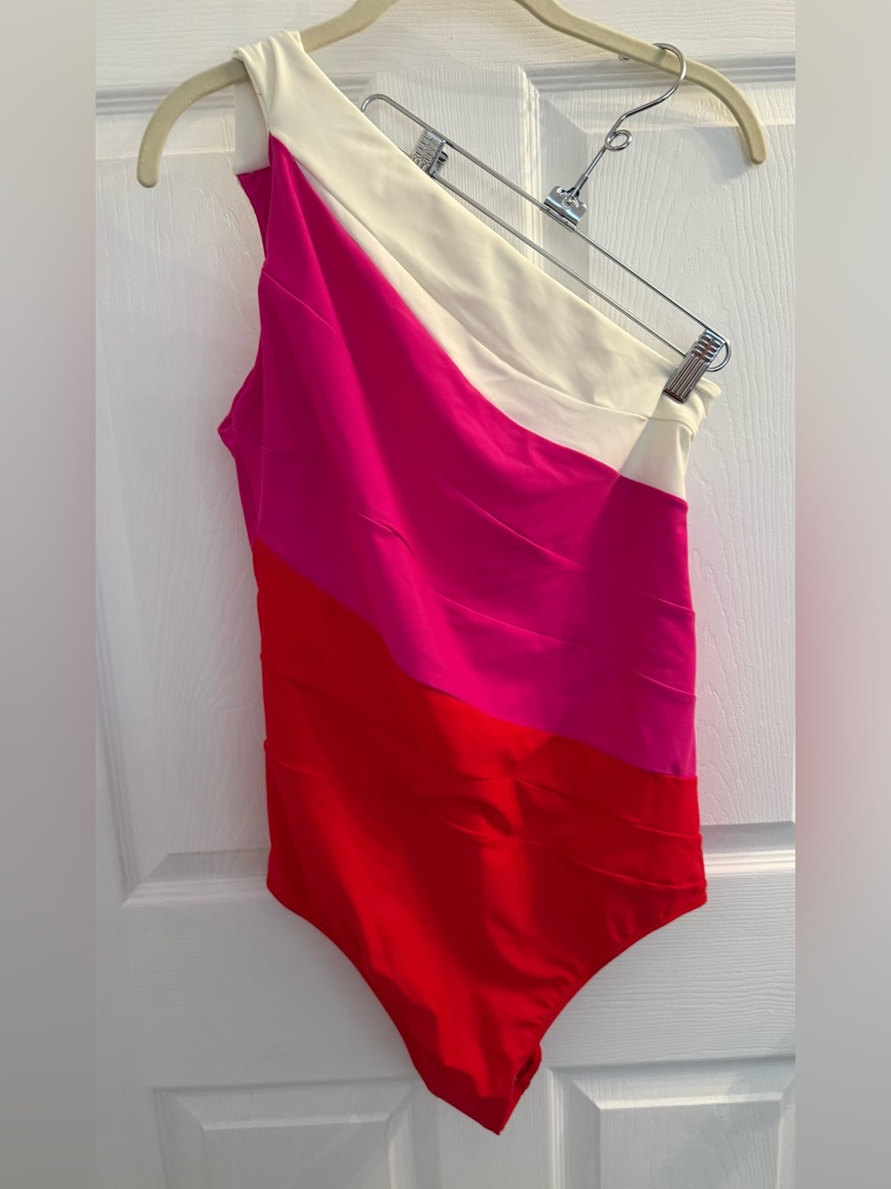 summersalt One-Shoulder Colorblock Swimsuit in Pink, Red & Cream